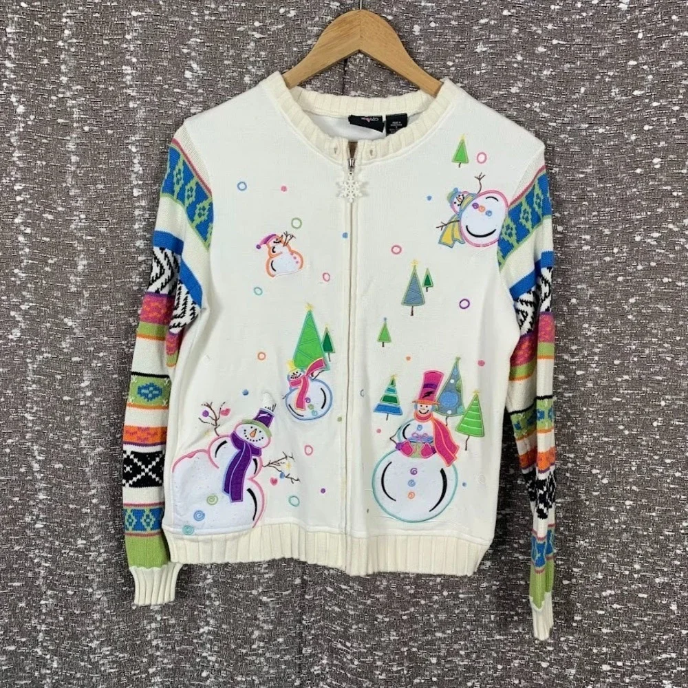 Vintage Sportelle Knit Full Zip Christmas Sweater Snowman Women's Small‎